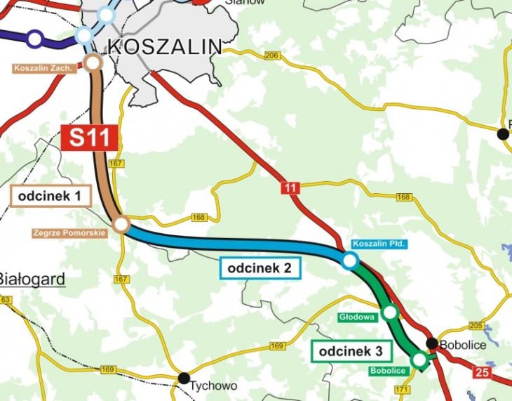 Mapa odcinków S11 Koszalin-Bobolice. Źrodlo: GDDKiA